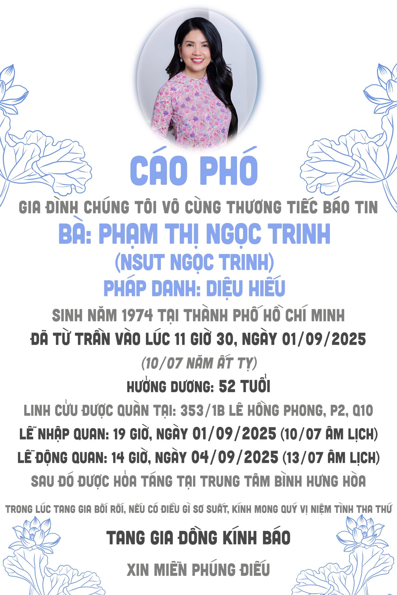 Linh cữu cố nghệ sĩ Ngọc Trinh chuẩn bị hoả táng