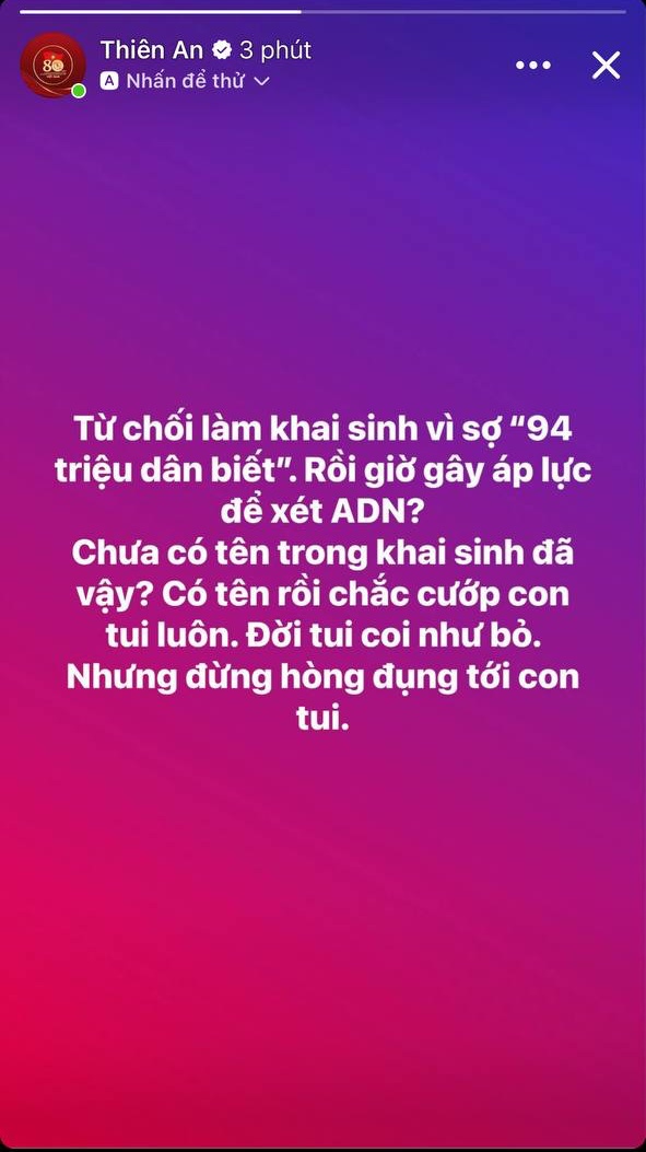 Thiên An bức xúc trên trang cá nhân