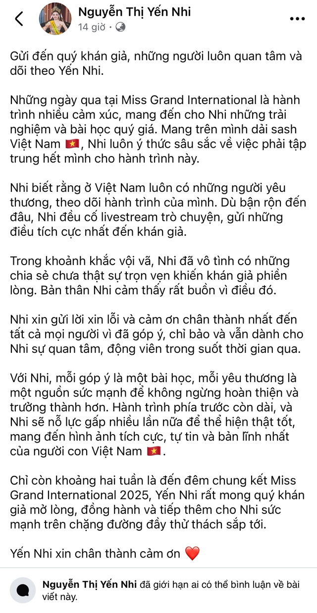 Hoa hậu Yến Nhi từng xin lỗi công chúng trước đó
