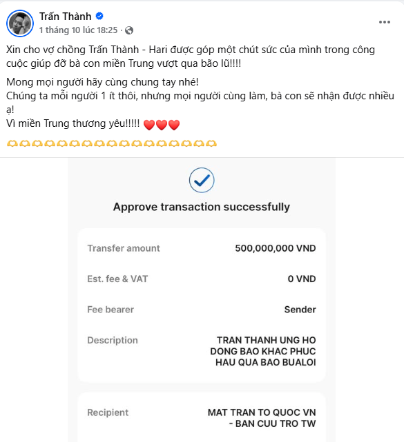 Vợ chồng Trấn Thành thông báo- Ảnh 2. Hình ảnh vợ chồng Trấn Thành hỗ trợ miền Trung