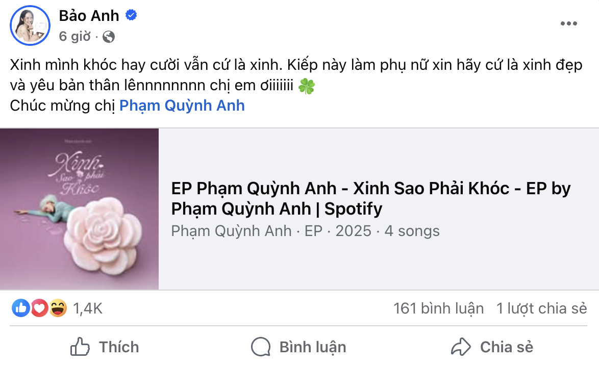 Bảo Anh chúc mừng Phạm Quỳnh Anh nhân dịp đàn chị ra dự án mới