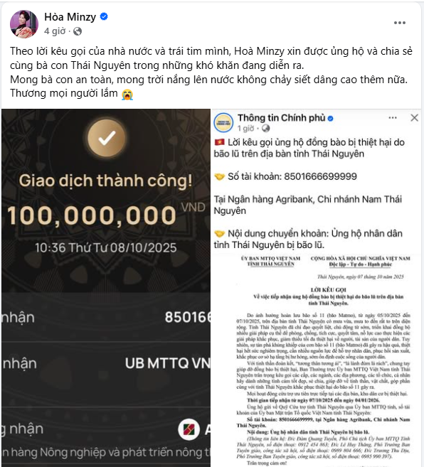 Vợ chồng Trấn Thành thông báo- Ảnh 3. Nghệ sĩ Hoà Minzy chung tay ủng hộ Thái Nguyên