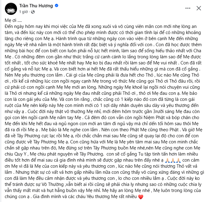 Status xúc động của Hương Baby kể về mẹ chồng